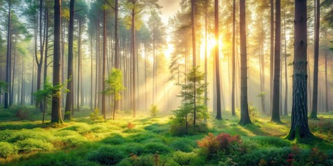 Forest Panorama in Soft, Dreamy Light and Gentle Fog , peaceful forest