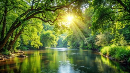 Obraz premium Dense foliage surrounds a tranquil river as sunlight filters through the leafy canopy above , greenery, nature's splendor