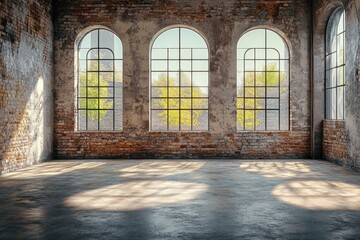 Fototapeta premium Empty industrial room with three arched windows, showcasing brick walls and concrete floor. Ideal for showcasing products, creating mood, or representing concepts of decay and renewal.