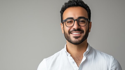 Confident Smiling Man Wearing Glasses and White Shirt in Studio Portrait