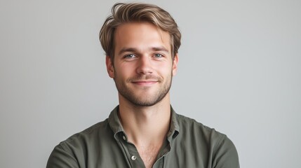 Fototapeta premium Smiling Confident Young Man in Casual Outfit Posing Against Neutral Background