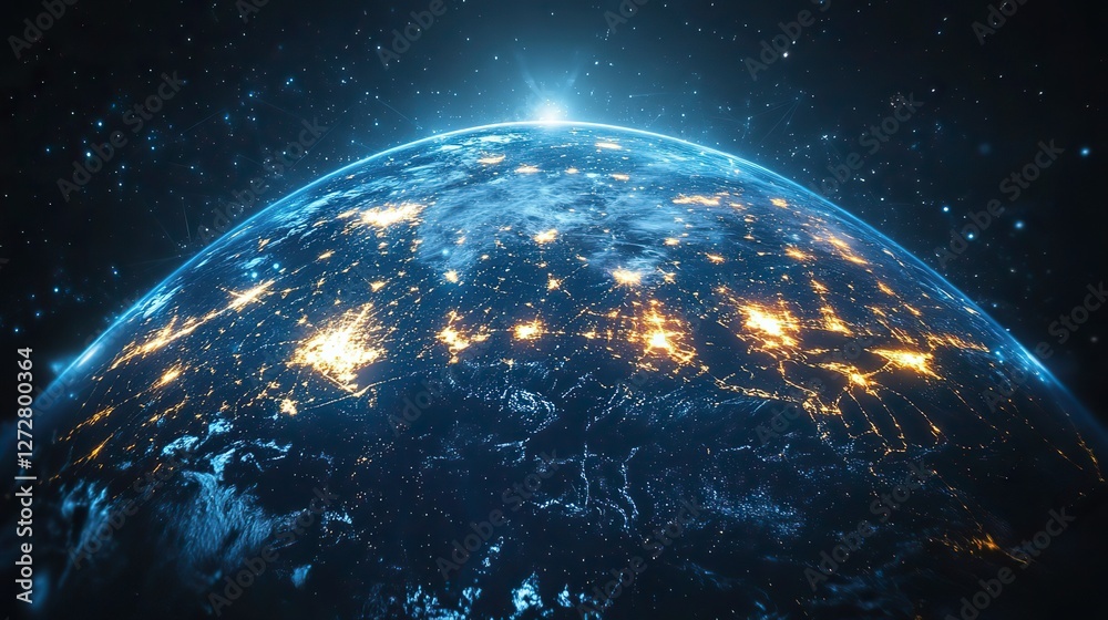 Poster abstract representation of global network connection depicting digital earth with interconnected lin