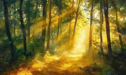 Naklejka premium Digital painting of a serene forest with golden sunlight filtering through the trees, Generative AI