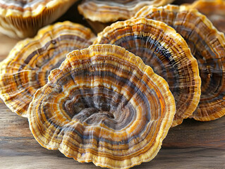 Dried medicinal mushrooms on wooden surface. Close-up. Possible use for health products