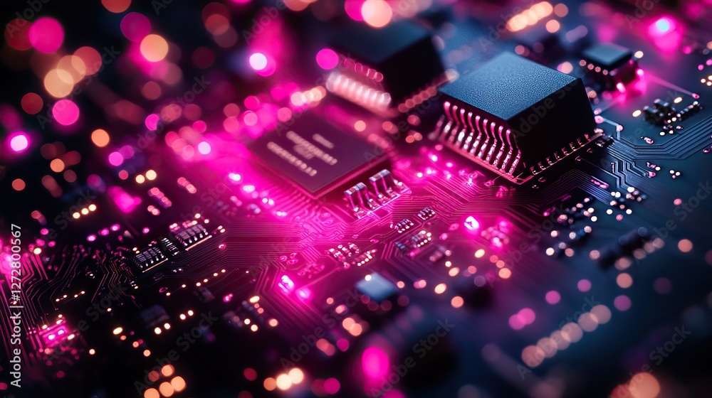 Poster abstract technological background with printed circuit board elements,bokeh effect