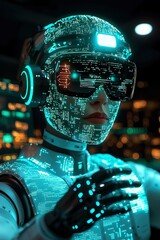 Futuristic Cyborg Woman with Advanced Virtual Reality Headset and Circuitry Overlay