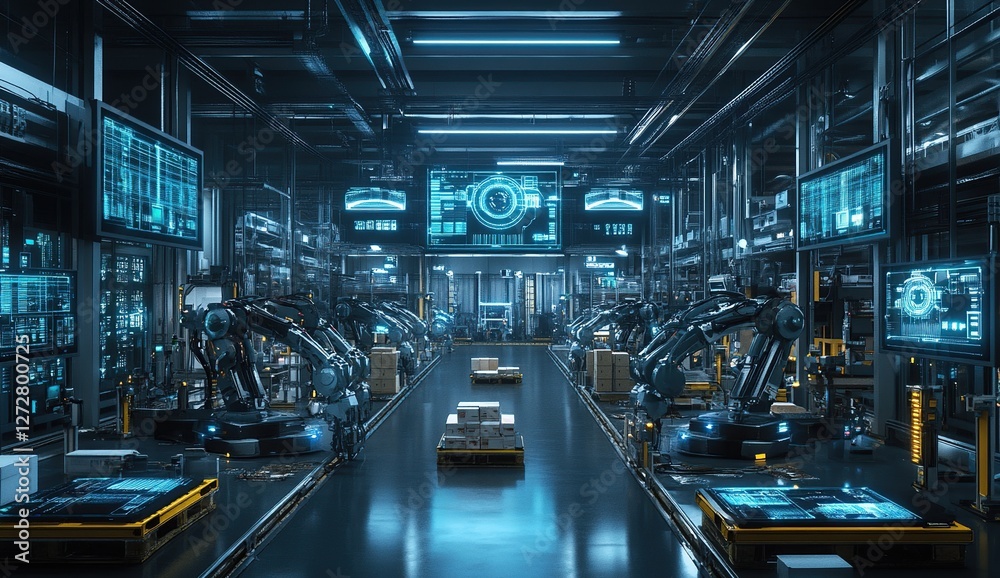 Poster automated factory: robots operate with advanced technology & digital displays for efficient producti