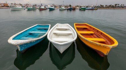 Obraz premium Three colorful fishing boats anchored in calm waters with a harbor backdrop