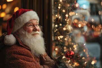 Joyful Santa Claus Enjoying Holiday Cheer by a Festive Window