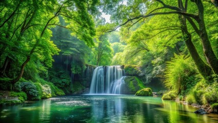 Forest canopy, lush green foliage, waterfall cascading into serene lake, outdoors, nature