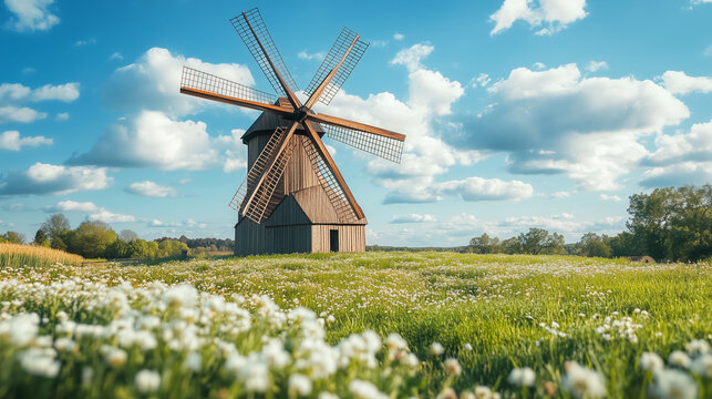 National Mills Weekend, a classic wooden windmill stands majestically in the middle of a green field with blooming wildflowers, Ai generated images