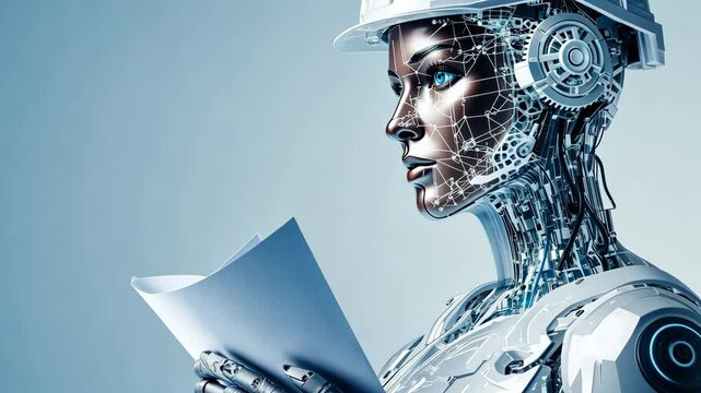 Robotic Architect: A cutting-edge illustration of a female robot architect, meticulously examining architectural plans, blending futuristic technology with traditional construction.
