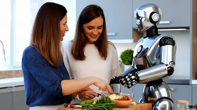 Robotic assistant helping women chop vegetables, showcasing collaborative cooking and advanced technology in contemporary kitchen environment