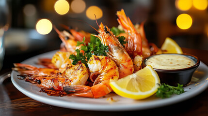National Shrimp Day, National Shrimp Day, seafood plate full of golden orange grilled shrimp with lemon slices and dipping sauce, Ai generated images