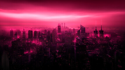 Cyberpunk Cityscape Under Magenta Sky with Towering Buildings and Futuristic Glow during Night.