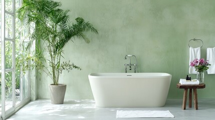 Fototapeta premium Modern white freestanding bathtub stands against a textured green wall next to a potted palm tree in a bright, sunlit bathroom.
