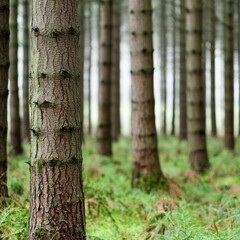 Fototapeta premium Tranquil forest scene with tall trees surrounded by lush green undergrowth