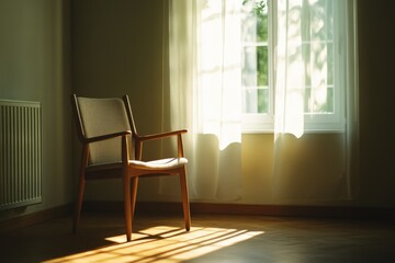 Dementia risk symbolized by an empty chair in a quiet room. Featuring soft light filtering through a window
