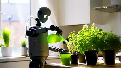 Advanced humanoid robot carefully waters a variety of potted plants in a bright, modern kitchen, showcasing the integration of robotics into everyday domestic tasks