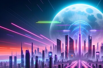 Fototapeta premium A neon-lit futuristic city buzzes with towering skyscrapers, flying cars, and holographic ads. A holographic moon looms over a gradient sky of purples and oranges.