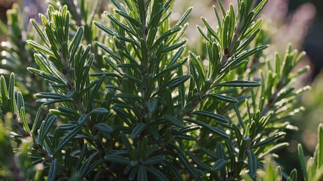 Close-up video of rosemary plants with sunlight highlighting the leaves. Captured from a low angle, showcasing natural textures and vibrant greenery.