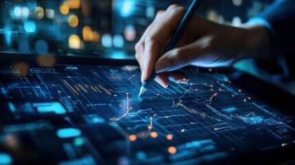 Person analyzing data on digital tablet at night