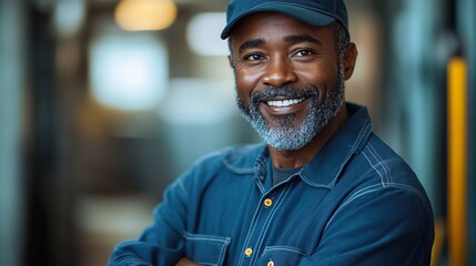 Fototapeta premium african american school janitor with a smile,a broom standing in a corridor of an educational institution
