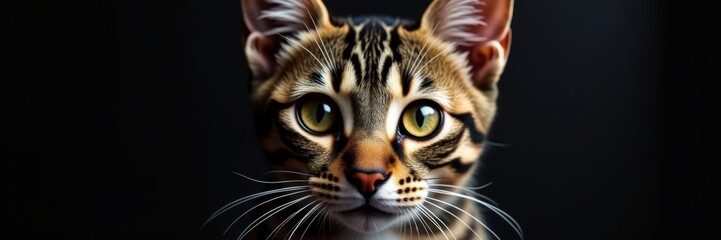 A captivating close-up of a Bengal cat, showcasing its striking features against a dark background. Perfect for pet-related projects or marketing.