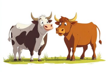 Fototapeta premium Cartoon Cows on Green Grass, Playful Farm Animals, Fun Illustration