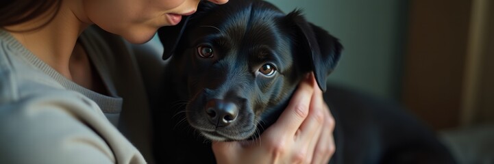 A tender moment between a woman and her black dog, showcasing love and companionship. Ideal for pet care, lifestyle, or emotional well-being themes.