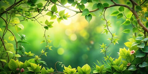 Obraz premium Colorful fresh green leaves intertwined with stems and vines in a lush spring foliage display , Garden Scene, Botanicals