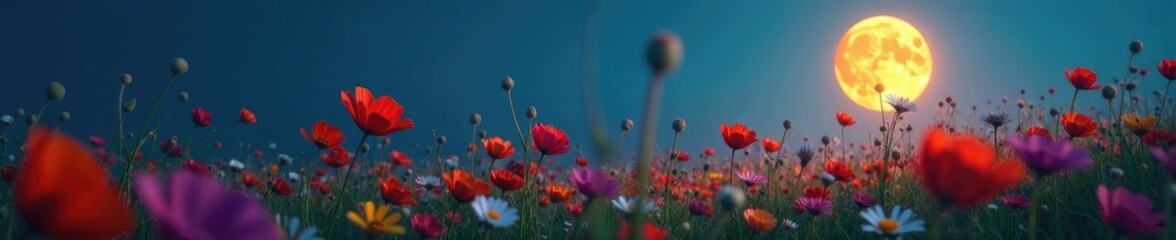 Obraz premium Softly glowing moon illuminates a field of colorful wildflowers, soft focus, flowers, wildflowers