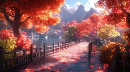 Autumnal Japanese Bridge Path by Lake, Scenic