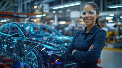 Confident Female Engineer in Modern Automotive Production Facility