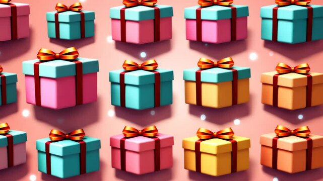 A row of colorful boxes with bows on them. Some are blue, some are pink, and some are yellow