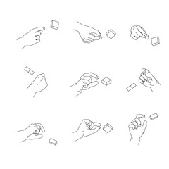 つまむ手のイラストのセット。白黒のベクターイラスト。