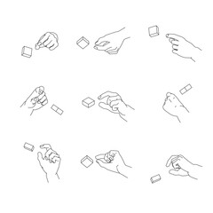 つまむ手のイラストのセット。白黒のベクターイラスト。