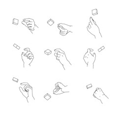 つまむ手のイラストのセット。白黒のベクターイラスト。