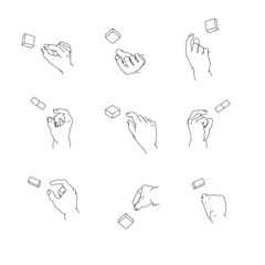 つまむ手のイラストのセット。白黒のベクターイラスト。