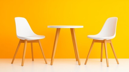 Minimalist Dining Set: A modern, minimalist dining set, featuring a round table and two sleek chairs. Its simple yet stylish design is against a vibrant yellow background.
