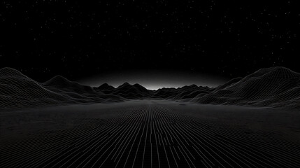 Dystopian Future Landscape Grid Mountains Dark Night Sky Stars Cyberpunk Noir Wireframe Horizon Illusion.