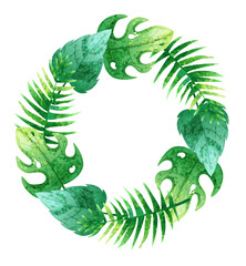 Circle frame of exotic tropical palm leaves with texture in flat style