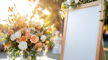 Floral Welcome: An elegant arrangement of roses and other flowers frames a blank sign, ready to welcome guests to a special event or celebration, bathed in the warm glow of sunlight.