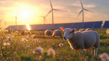 Sheep Grazing in a Green Meadow with Solar Panels and Wind Turbines at Sunset