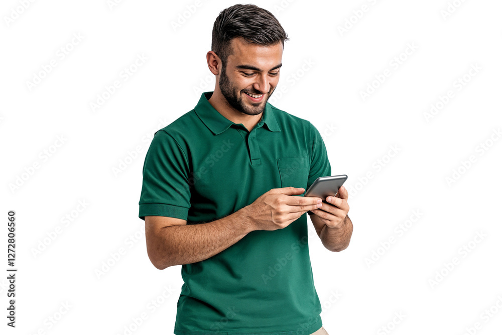 Wall mural smiling man texting on the phone with happy expression, isolated on transparent background