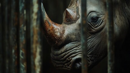 Obraz premium Close-up view of a rhino's head and horn showcasing its texture and characteristics in a confined space at a wildlife conservation facility