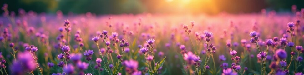 Obraz premium Softly illuminated field with thousands of tiny flowers, landscape, purple flowers, natural light