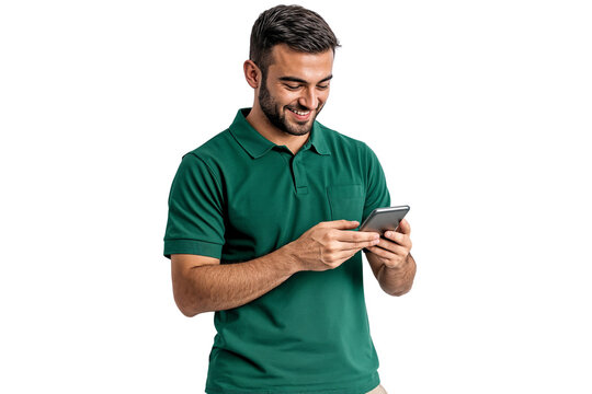 Smiling man texting on the phone with happy expression, isolated on transparent background