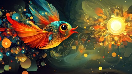 Fototapeta premium A vibrant, swirling background with abstract shapes and patterns, prominently featuring a stylized, cartoonish bird.