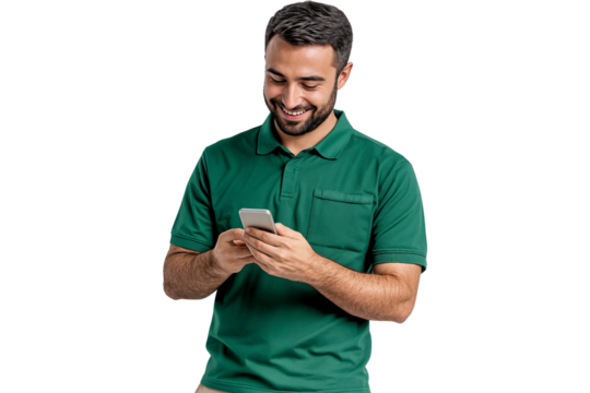 Smiling man texting on the phone with happy expression, isolated on transparent background
